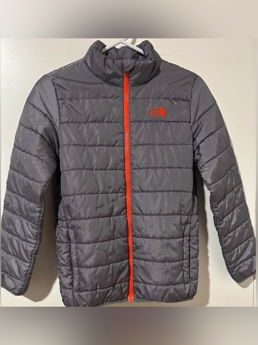 The North Face Gray Puffer Jacket with Orange Accents, Boys Size Large 14/16